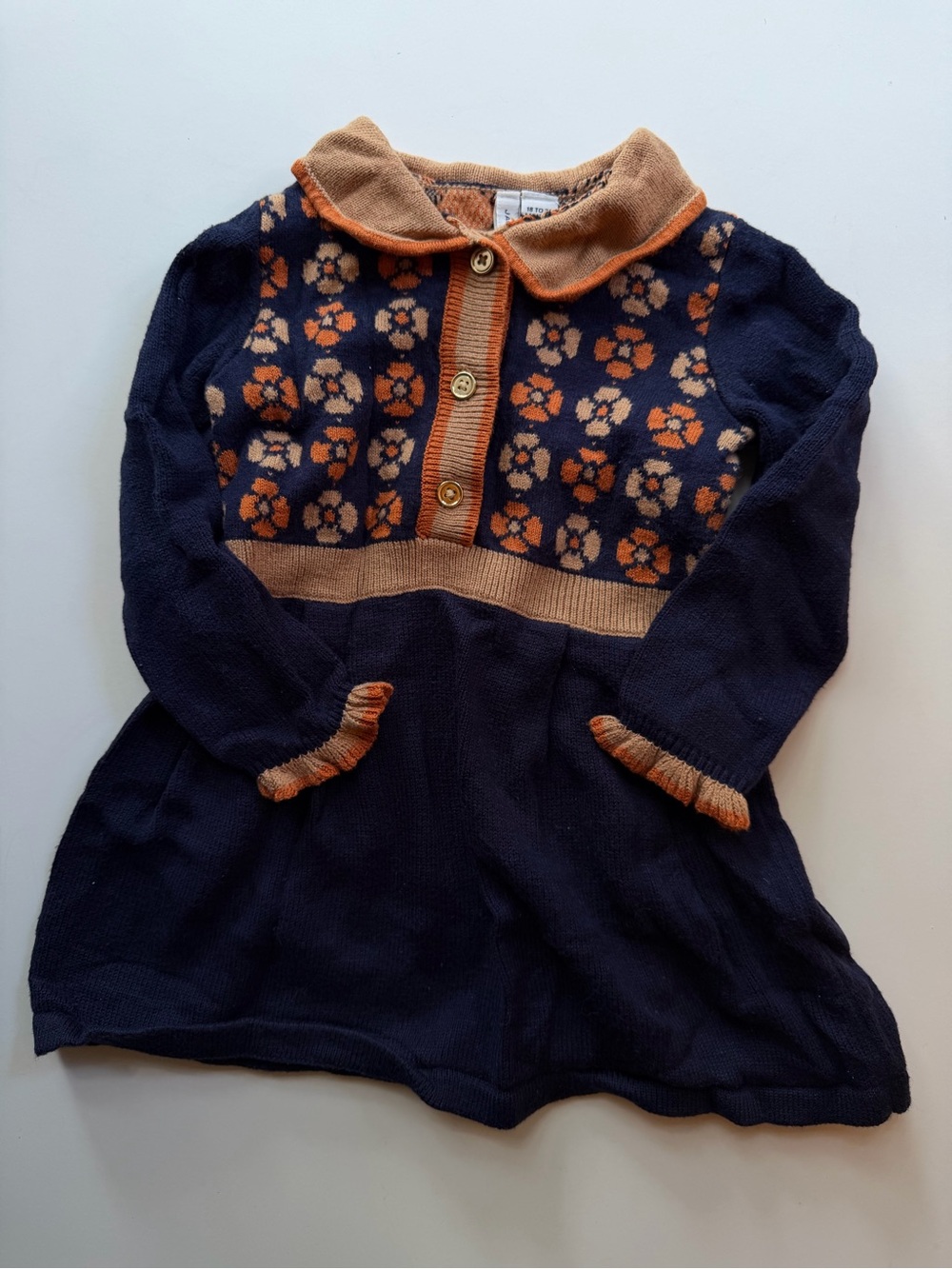 Girls' Navy and Tan Floral Knit Dress